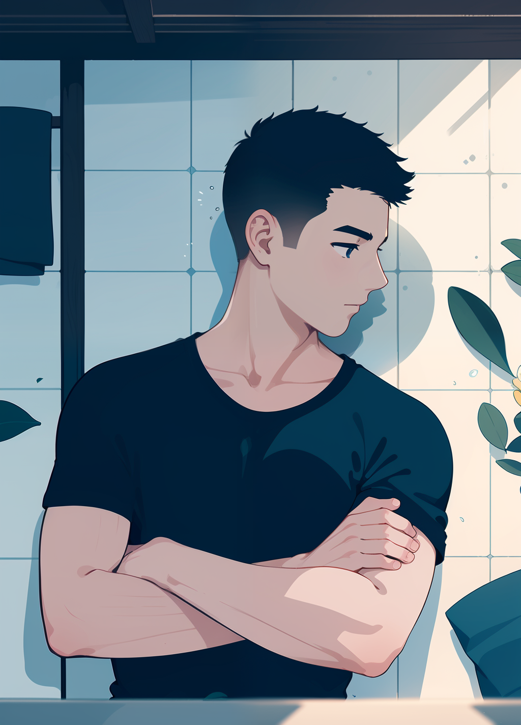04879-952255835-kk-boy, black hair, shirt, 1boy, black shirt, short hair, male focus, solo, short sleeves, bed sheet, cloth, tiles, leaf, shadow.png